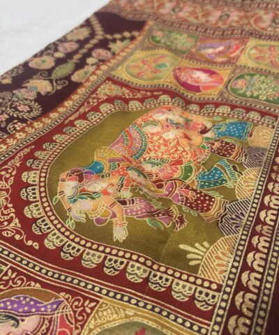 Viscose Banna-Banni Print Saree — Dark Brown & Chocolate Brown — texture close-up