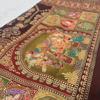 Viscose Banna-Banni Print Saree — Dark Brown & Chocolate Brown — texture close-up
