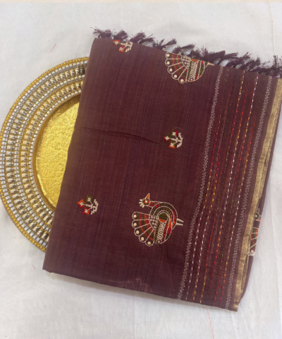 Khadi Embroidered Saree Wine | TARINÉ