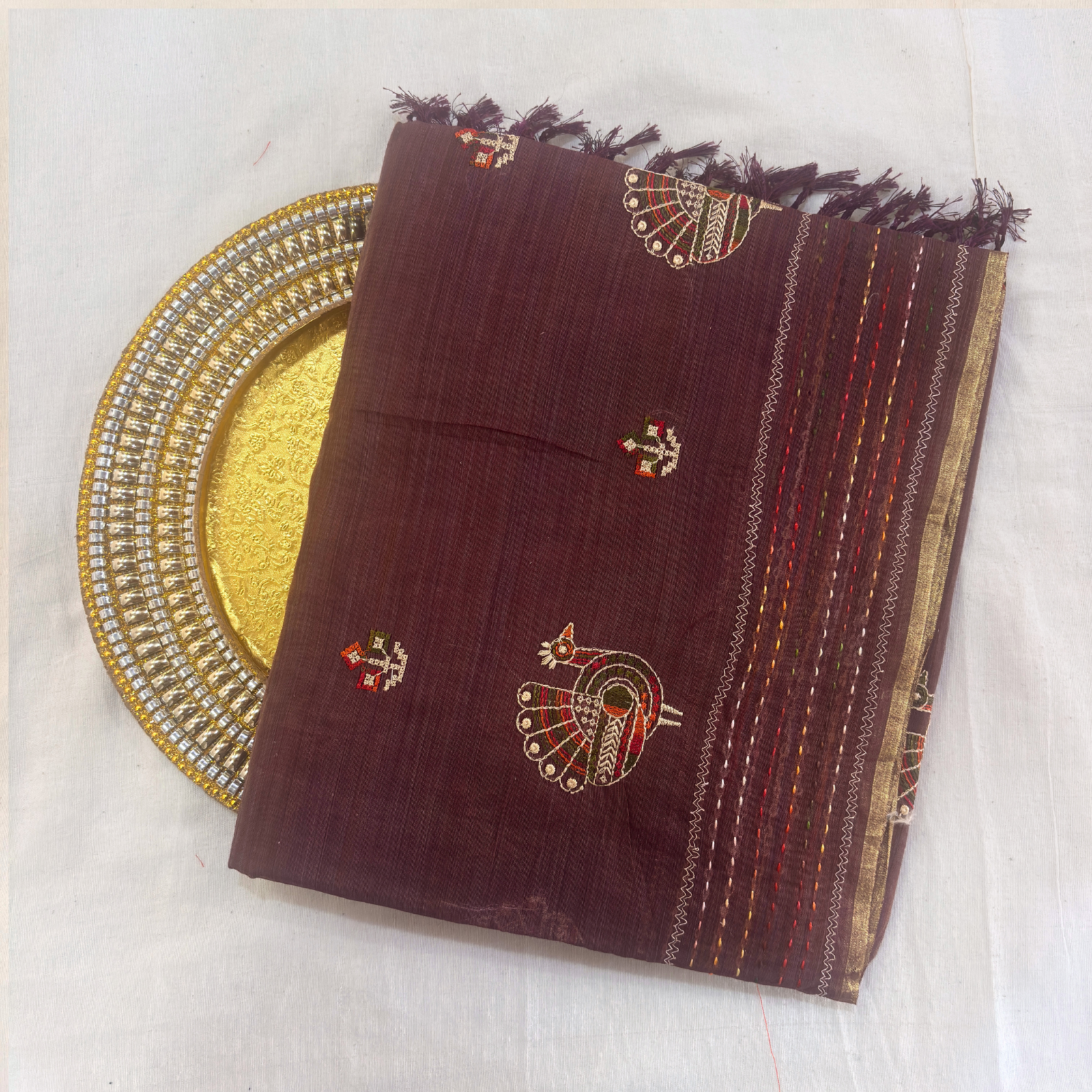 Khadi Embroidered Saree Wine | TARINÉ