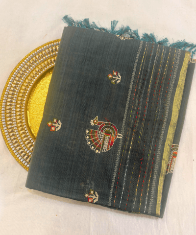 Khadi Embroidered Saree Bottle Green | TARINÉ