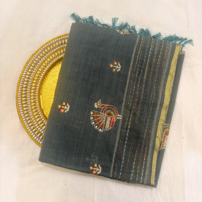Khadi Embroidered Saree Bottle Green | TARINÉ