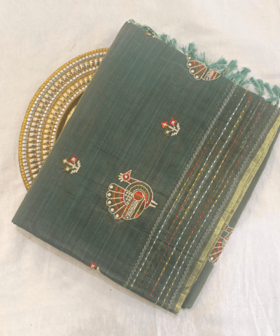 Khadi Embroidered Saree Leaf Green | TARINÉ