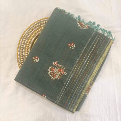 Khadi Embroidered Saree Leaf Green | TARINÉ