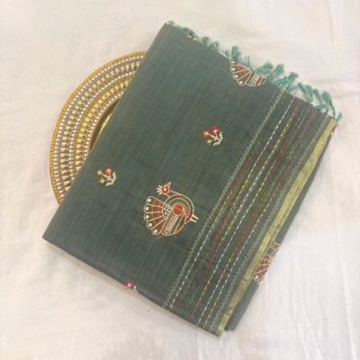 Khadi Embroidered Saree Leaf Green | TARINÉ