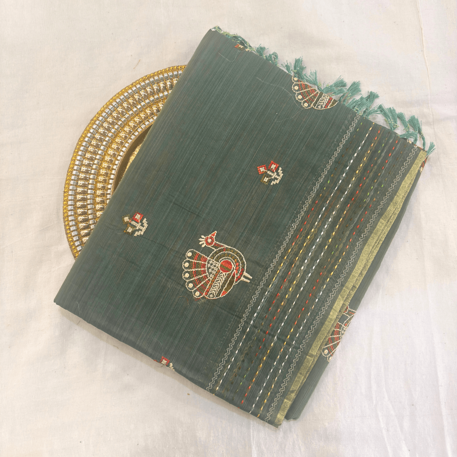 Khadi Embroidered Saree Leaf Green | TARINÉ