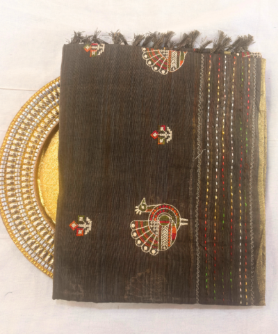 Khadi Embroidered Saree Olive Green | TARINÉ
