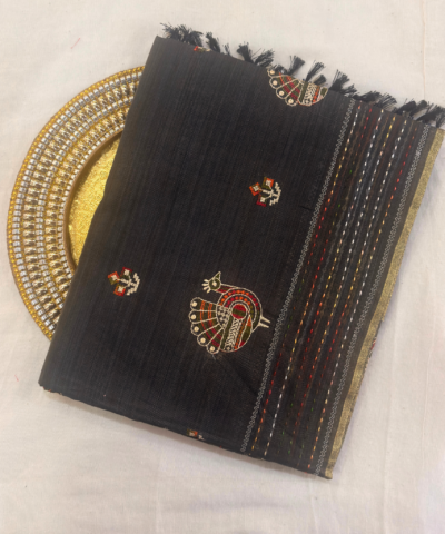 Khadi Embroidered Saree Grey | TARINÉ