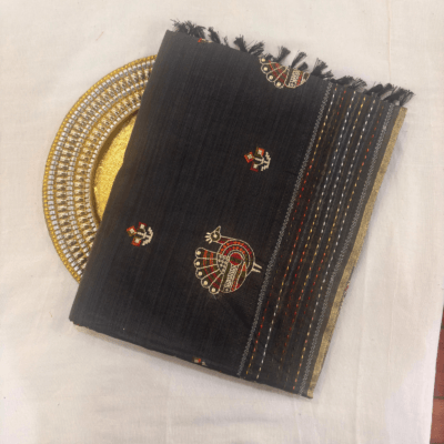 Khadi Embroidered Saree Grey | TARINÉ