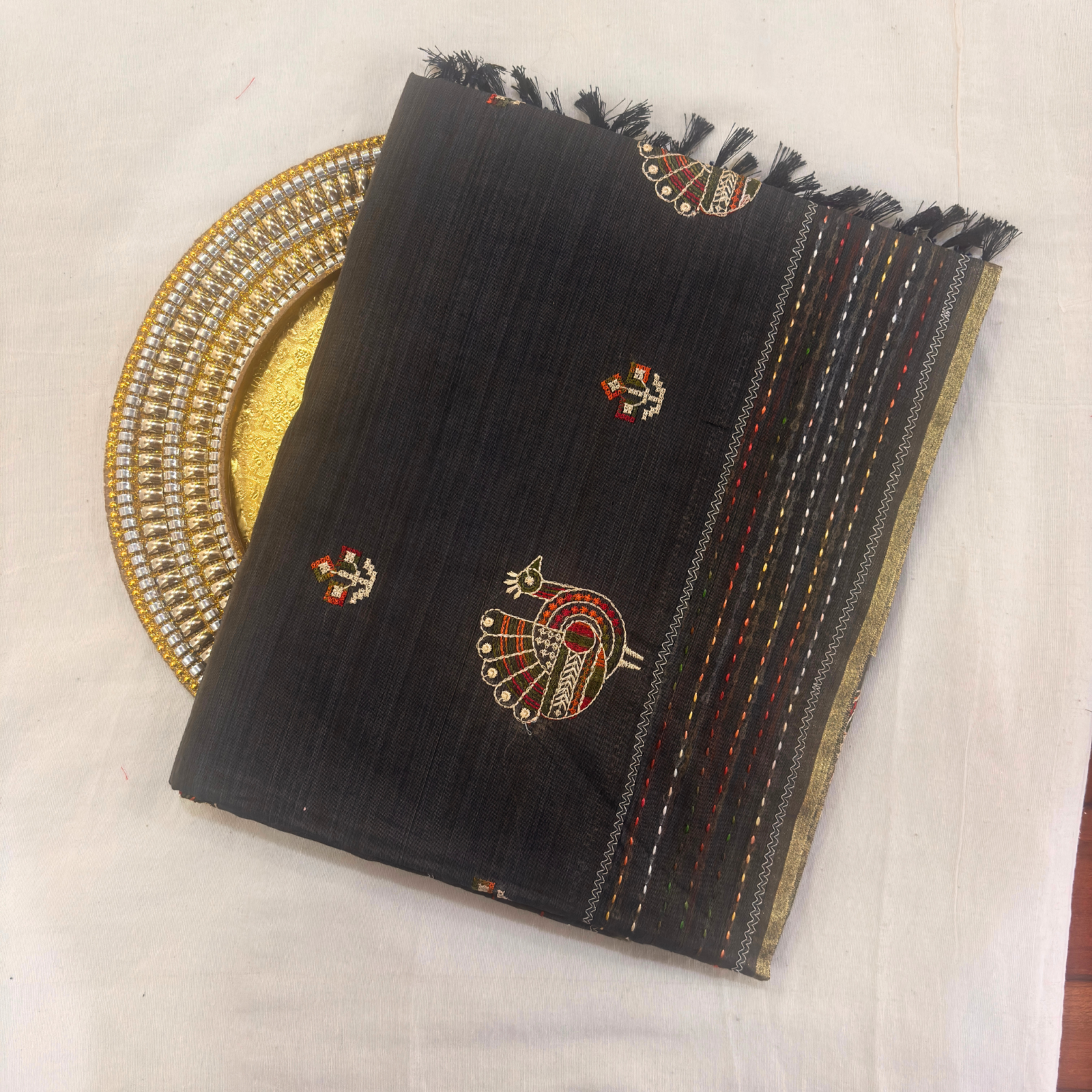 Khadi Embroidered Saree Grey | TARINÉ