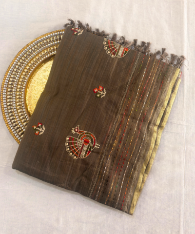 Khadi Embroidered Saree Brown | TARINÉ