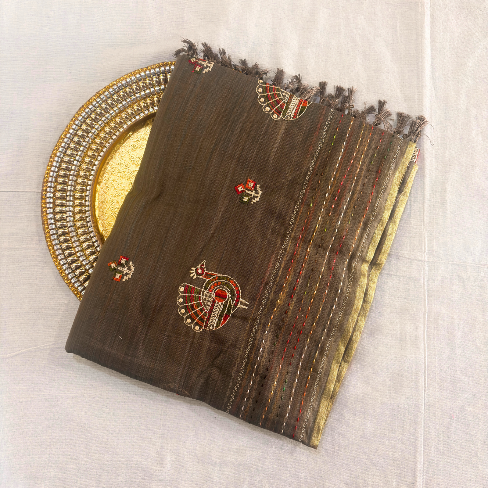 Khadi Embroidered Saree Brown | TARINÉ