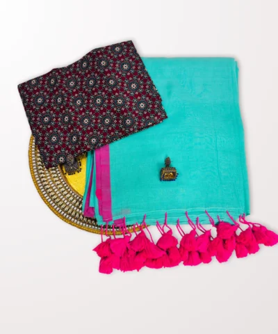 Handloom Plain Mulmul Saree — Turquoise Blue