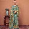 Viscose Banna-Banni Print Saree — Rama Green & Peacock Blue — Shaadi — flat lay