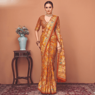 Viscose Banna-Banni Print Saree — Orange & Red — Shaadi — flat lay