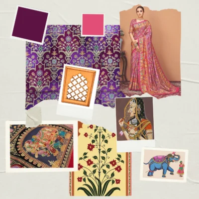 Viscose Banna-Banni Print Saree — Magenta & Purple — texture close-up