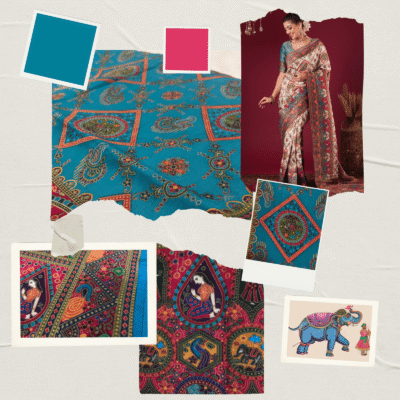 Viscose Kalamkari Saree Peacock Blue — view 6 | TARINÉ
