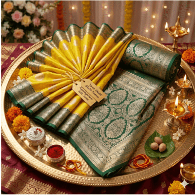 Katan Silk Woven Saree Lime Green — view 1 | TARINÉ