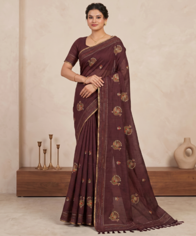 Khadi Embroidered Saree Wine — view 1 | TARINÉ