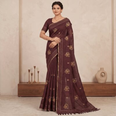 Khadi Embroidered Saree Wine — view 1 | TARINÉ