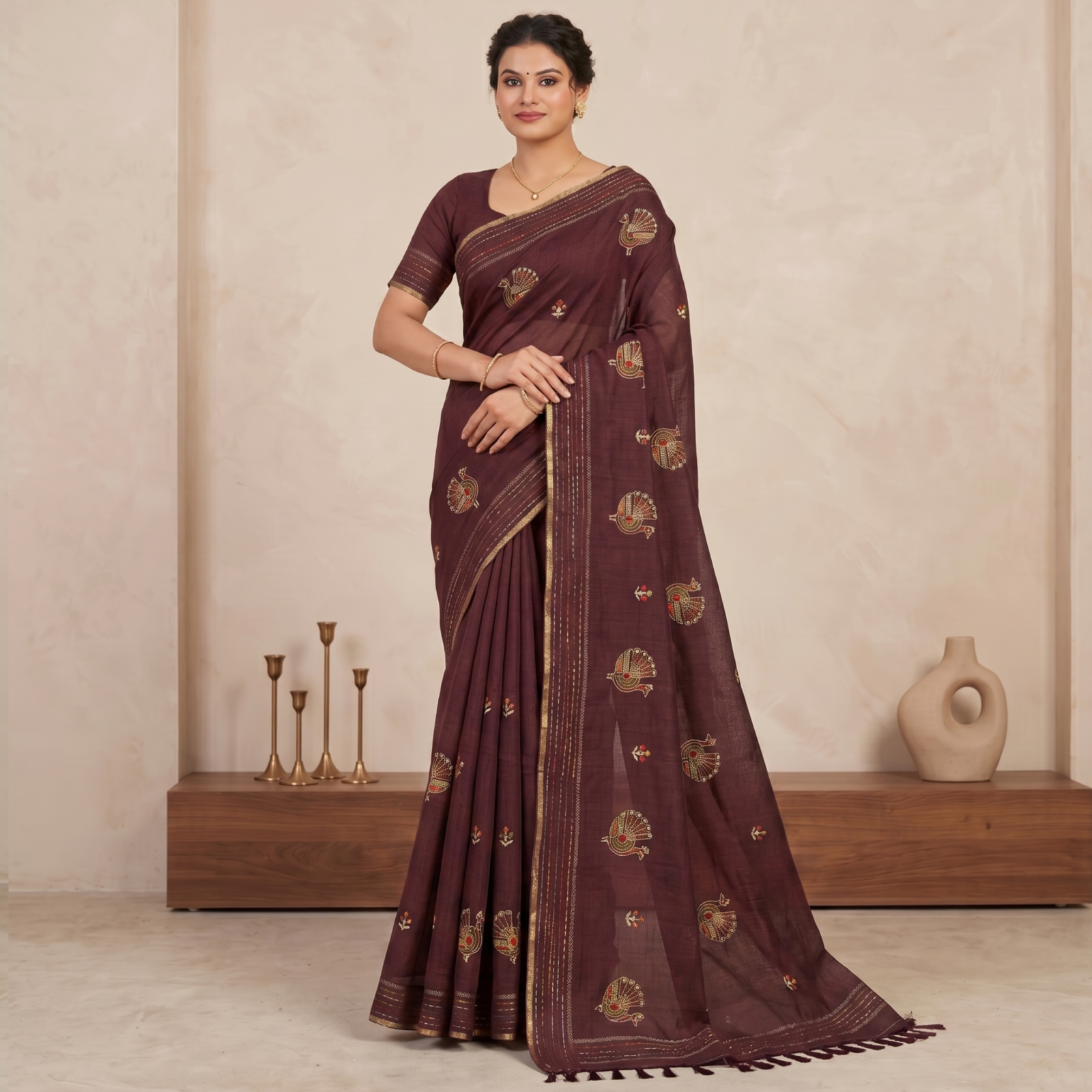 Khadi Embroidered Saree Wine — view 1 | TARINÉ