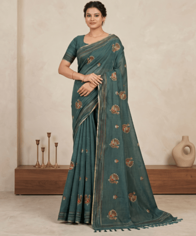 Khadi Embroidered Saree Bottle Green — view 1 | TARINÉ
