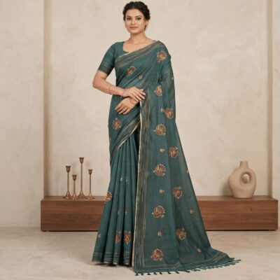 Khadi Embroidered Saree Bottle Green — view 1 | TARINÉ