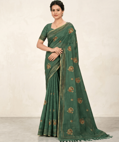 Khadi Embroidered Saree Leaf Green — view 1 | TARINÉ
