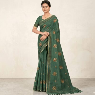 Khadi Embroidered Saree Leaf Green — view 1 | TARINÉ