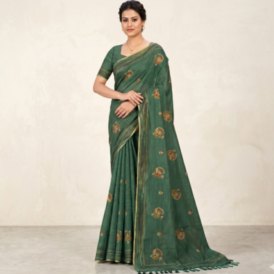 Khadi Embroidered Saree Leaf Green — view 1 | TARINÉ