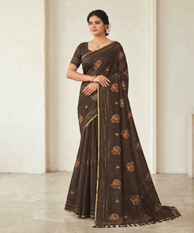 Khadi Embroidered Saree Olive Green — view 1 | TARINÉ