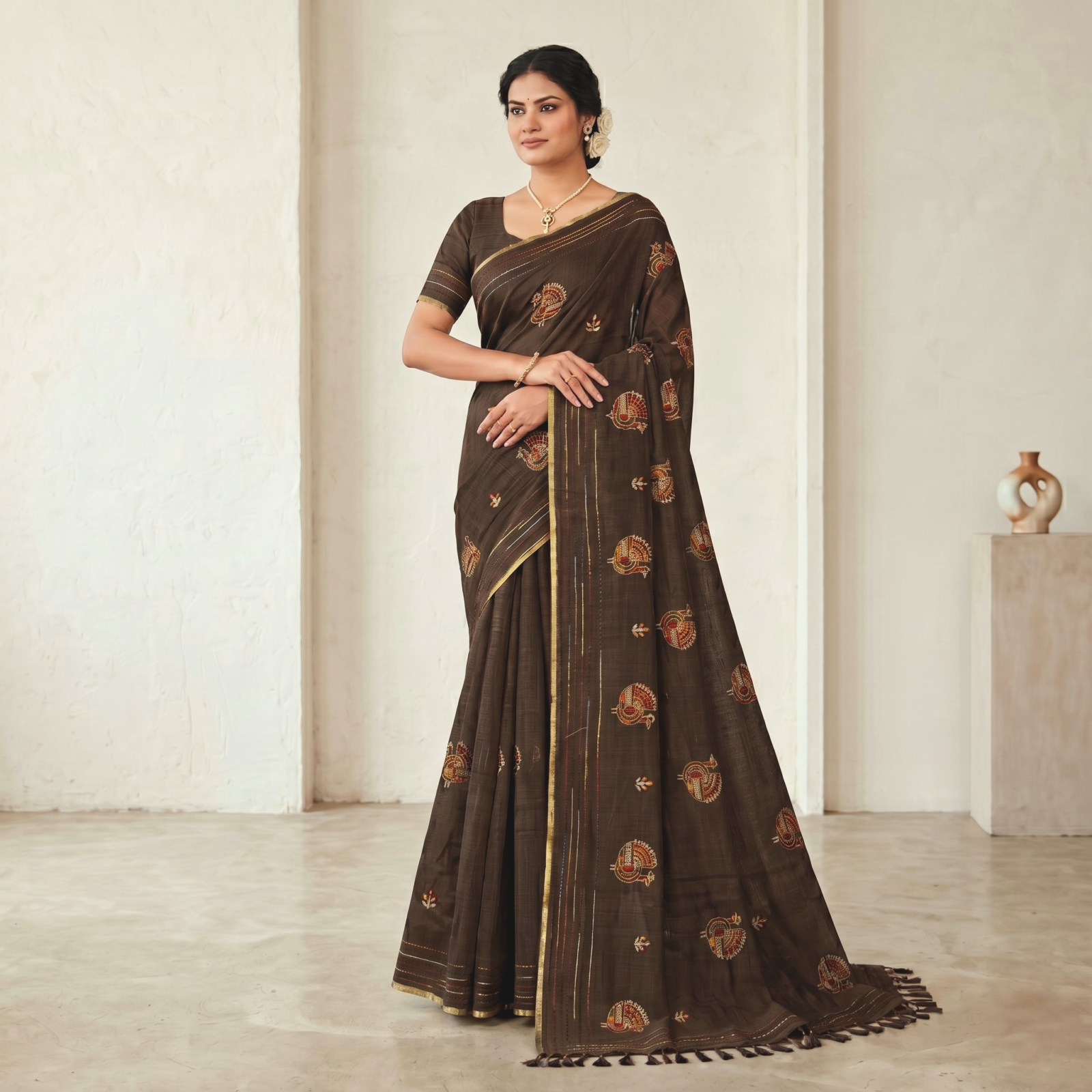 Khadi Embroidered Saree Olive Green — view 1 | TARINÉ