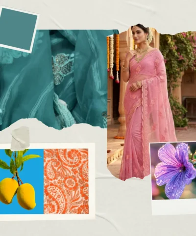 Viscose Chiffon Embroidered Saree — Rama Green — texture close-up