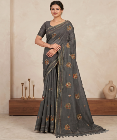 Khadi Embroidered Saree Grey — view 1 | TARINÉ