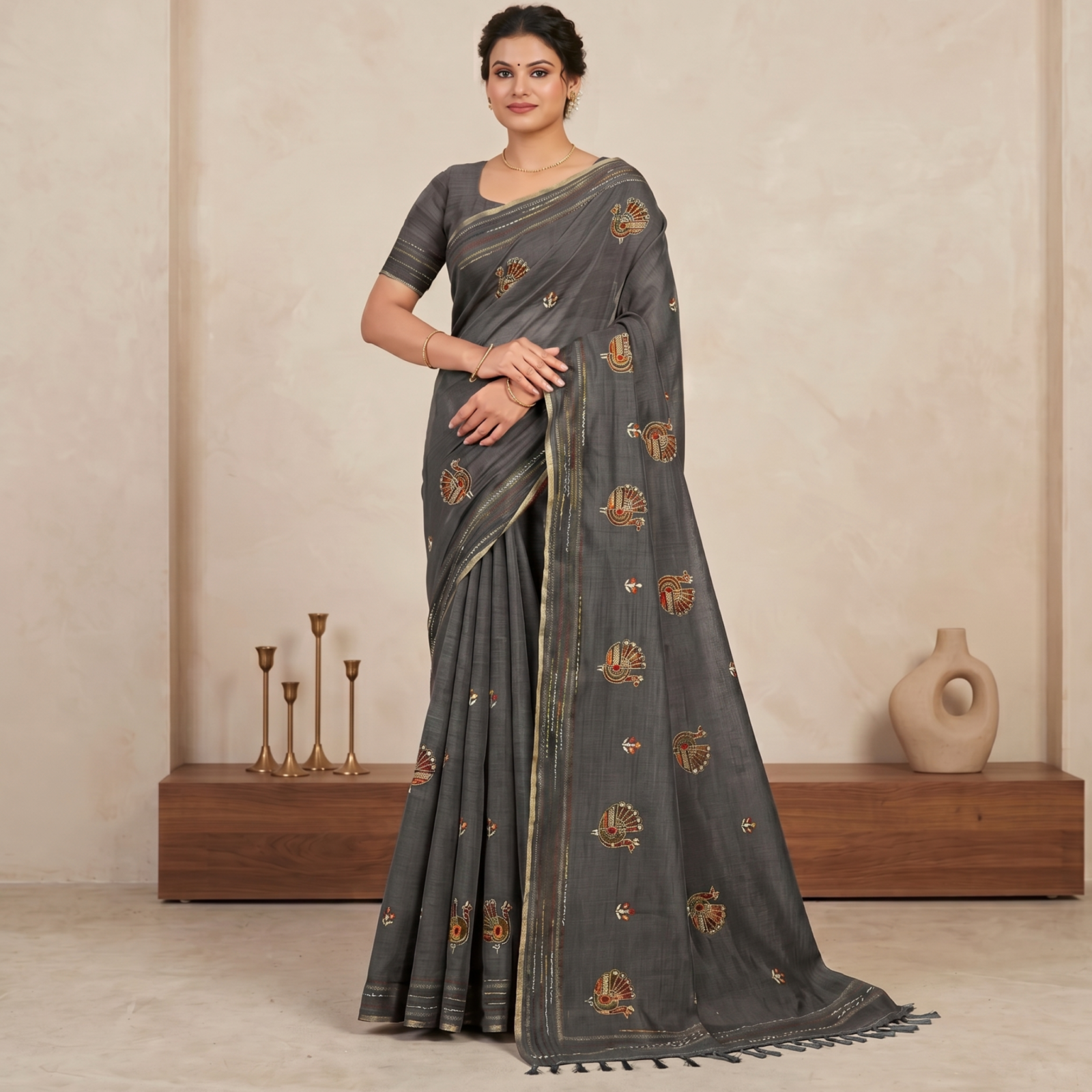 Khadi Embroidered Saree Grey — view 1 | TARINÉ
