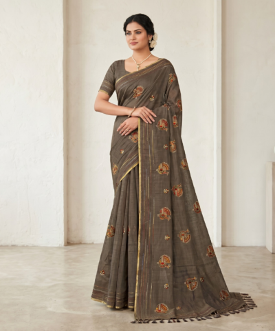Khadi Embroidered Saree Brown — view 1 | TARINÉ