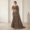 Khadi Embroidered Saree Brown — view 1 | TARINÉ