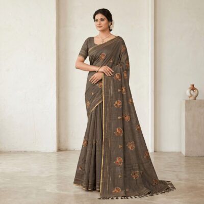 Khadi Embroidered Saree Brown — view 1 | TARINÉ