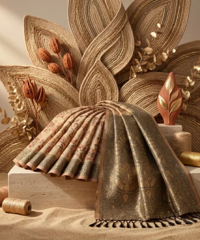 Cotton Kasuti Woven Saree — Beige — detail view