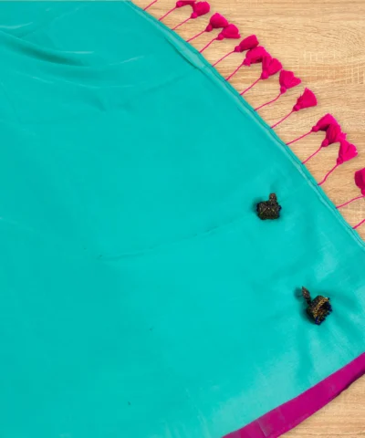 Handloom Plain Mulmul Saree — Turquoise Blue — drape view