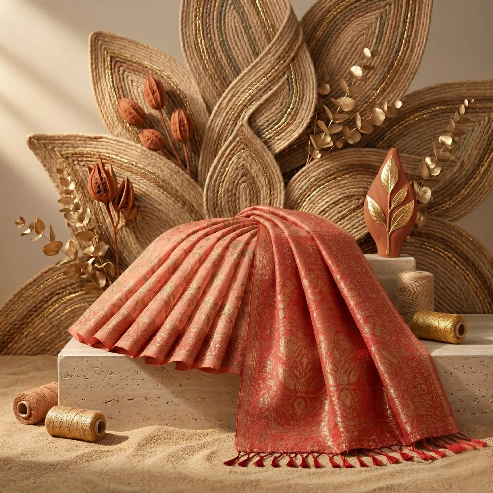 Cotton Kasuti Woven Saree — Peach — detail view