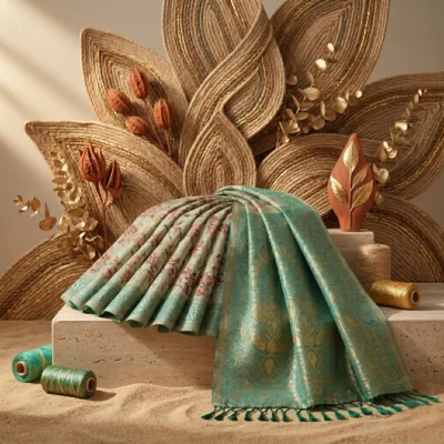 Cotton Kasuti Woven Saree — Lime Green — detail view