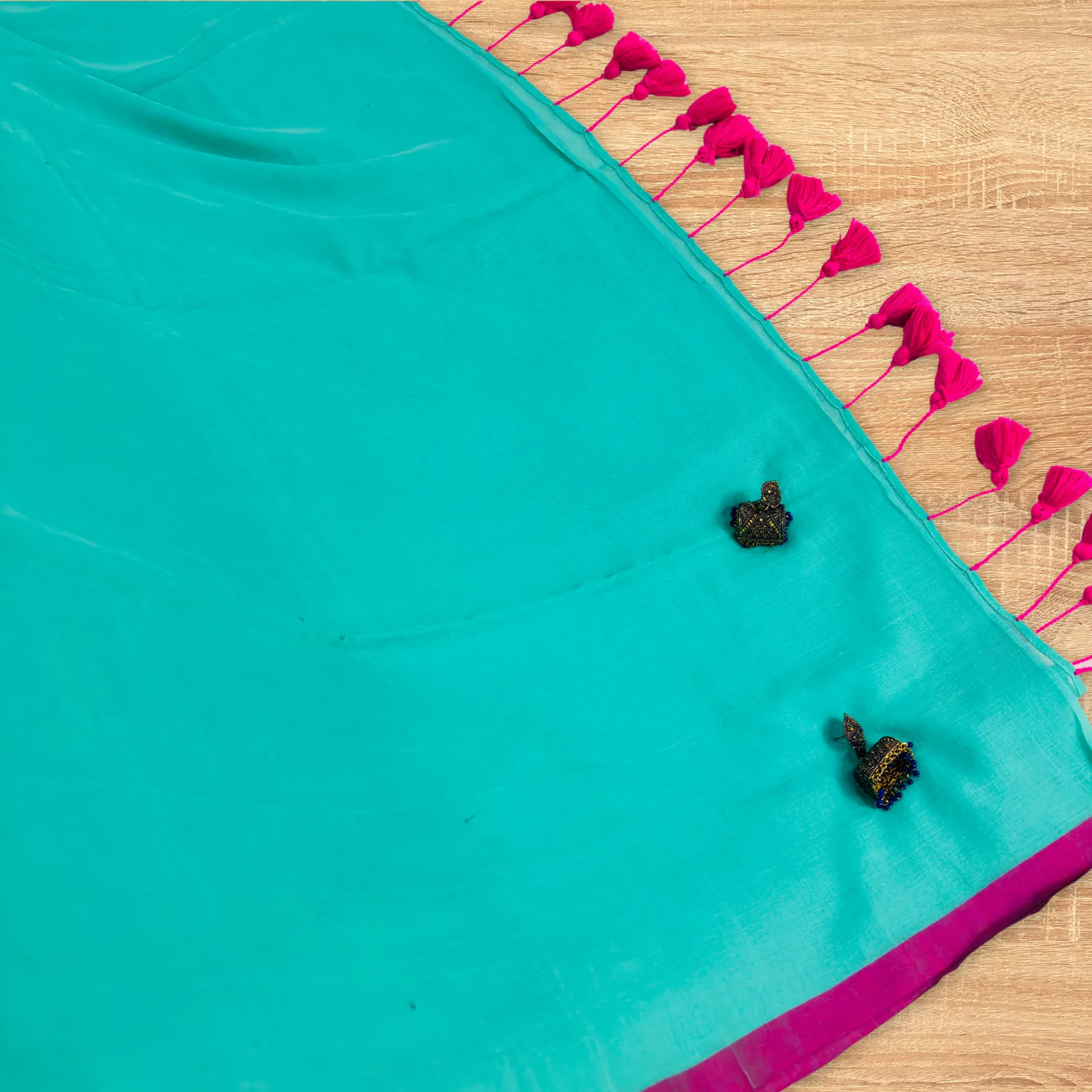 Handloom Plain Mulmul Saree — Turquoise Blue — drape view