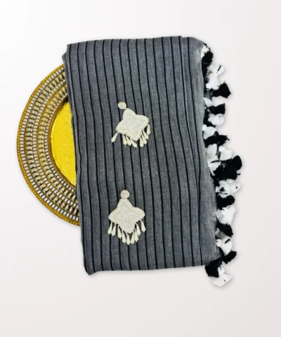 Handloom Mulmul Striped Saree — Black