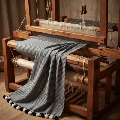 Handloom Mulmul Striped Saree — Black — detail view