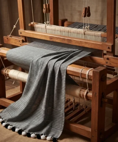 Handloom Mulmul Striped Saree — Black — detail view