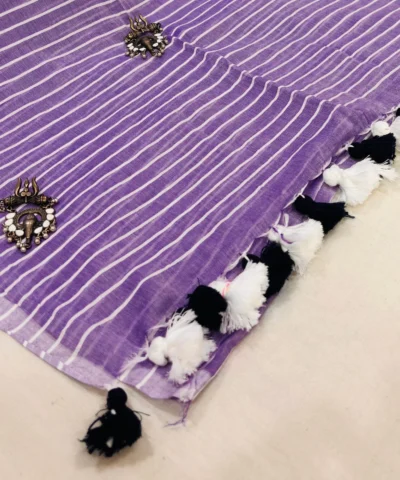 Handloom Mulmul Striped Saree — Lavender — border and pallu