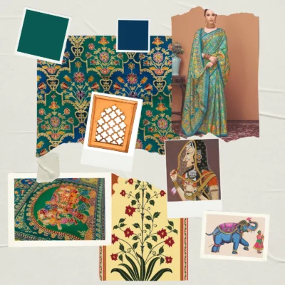 Viscose Banna-Banni Print Saree — Rama Green & Peacock Blue — texture close-up