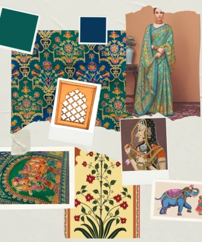 Viscose Banna-Banni Print Saree — Rama Green & Peacock Blue — texture close-up