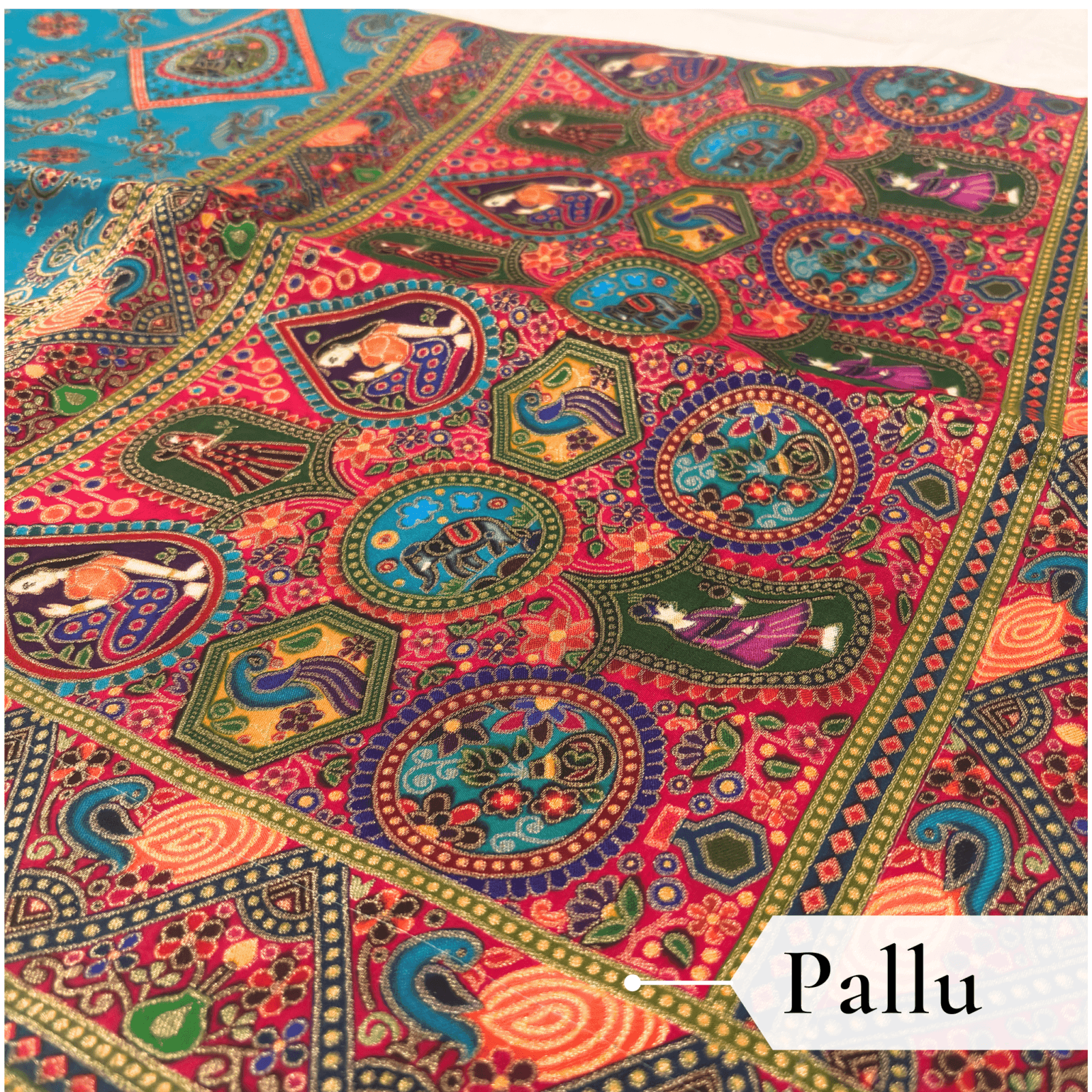 Viscose Kalamkari Saree Peacock Blue — view 4 | TARINÉ